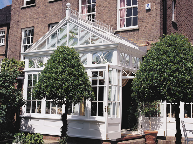An example of a timber framed conservatory with traditional detailing