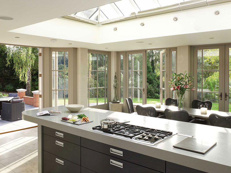 Traditional styles timber roof lantern and joinery works beautifully with a modern kitchen