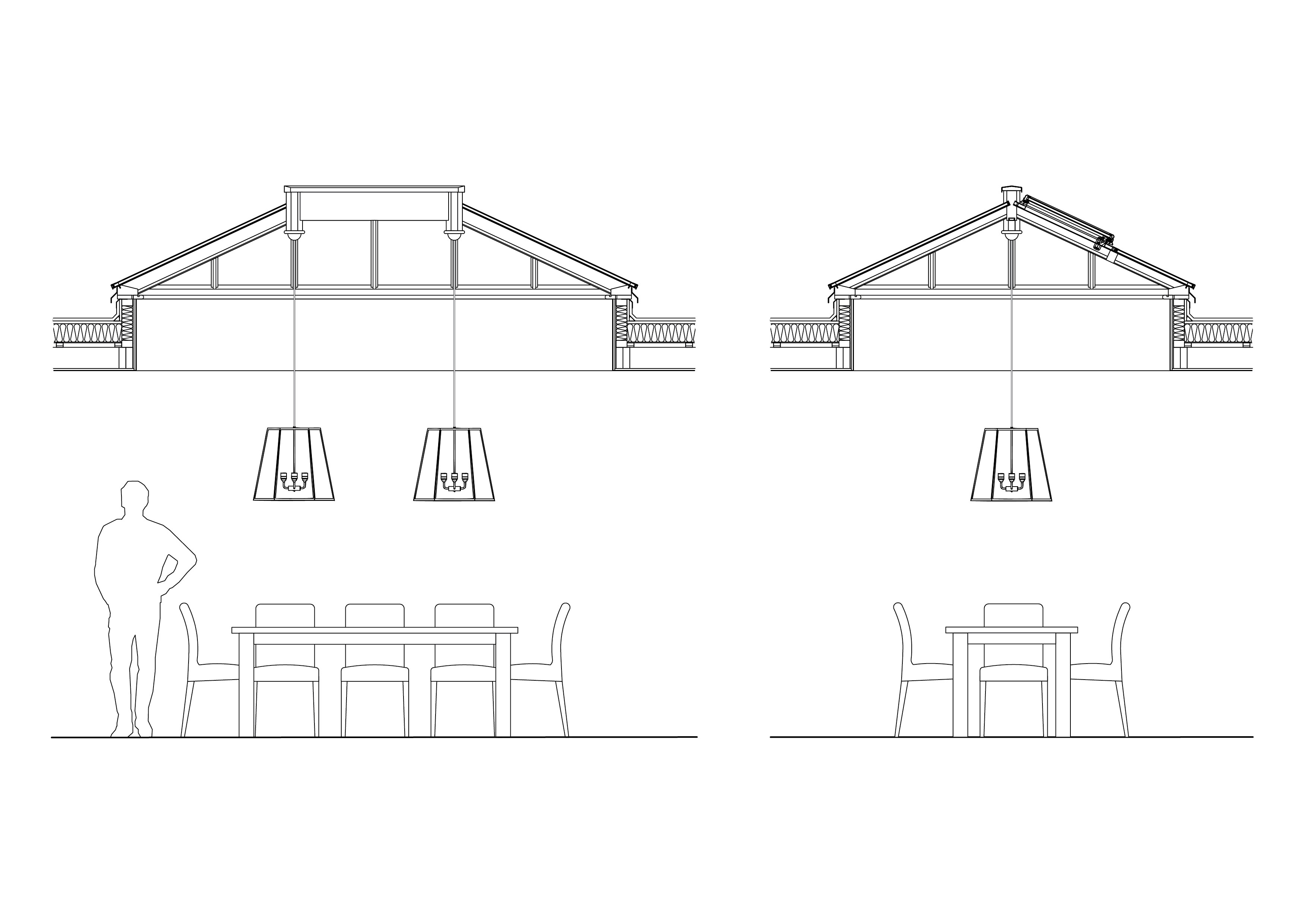 Section drawings showing pendant lights hanging from roof lantern