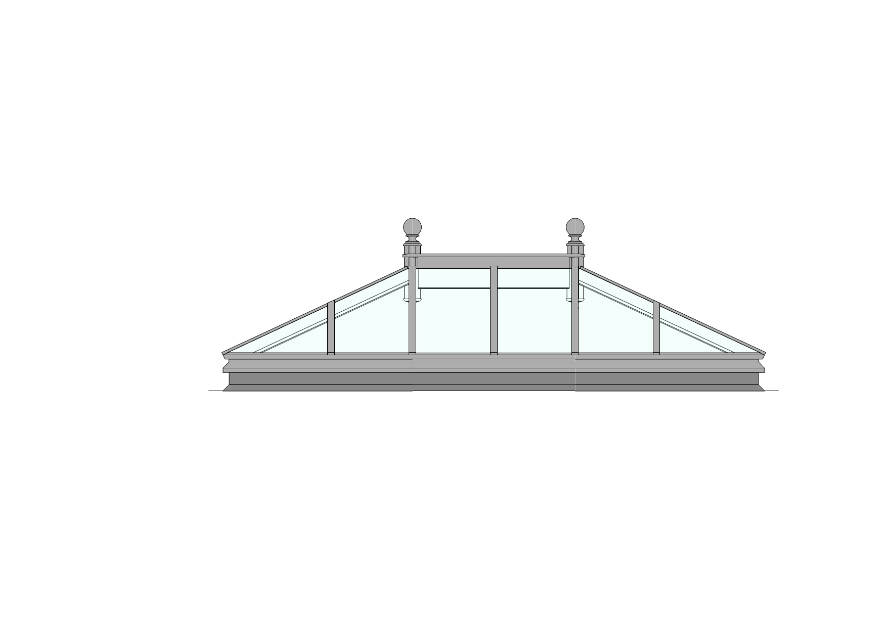Front elevation drawing of the Grosvenor Roof Lantern, showcasing its ridge height, decorative finials, and classic timber framework.