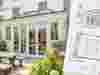 Rear view of a completed glazed house extension with French doors and a roof lantern, shown alongside architectural elevation and floor-plan drawings illustrating the proposed design.